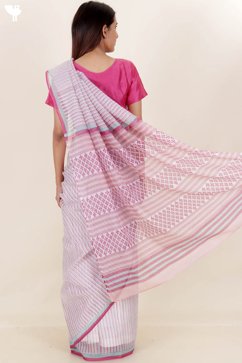 Kota Doria Saree In Block Print